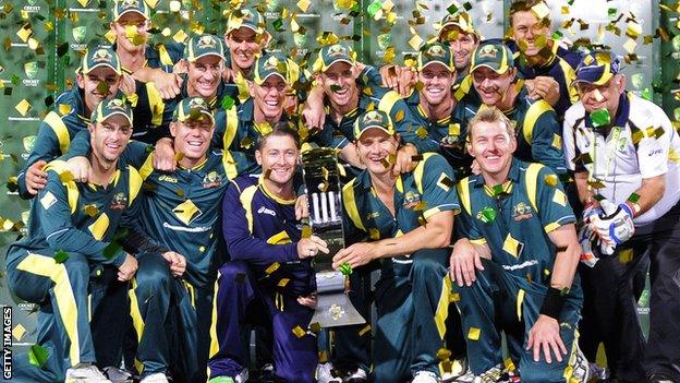 Australia celebrate with the tri-series trophy