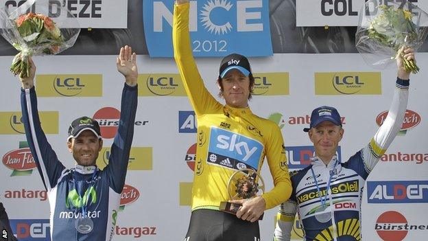 Alejandro Valverde, Bradley Wiggins and Lieuwe Westra on the podium