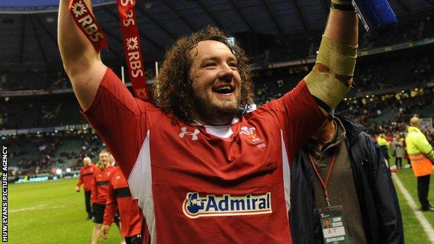 Adam Jones celebrating Wales securing the Triple Crown at Twickenham