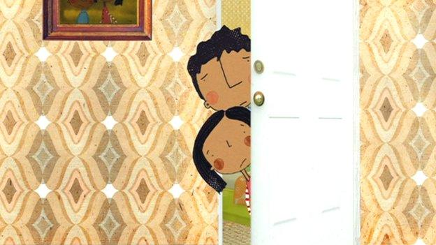 A cartoon living room scene. Two children peer from behind a door. They look upset.