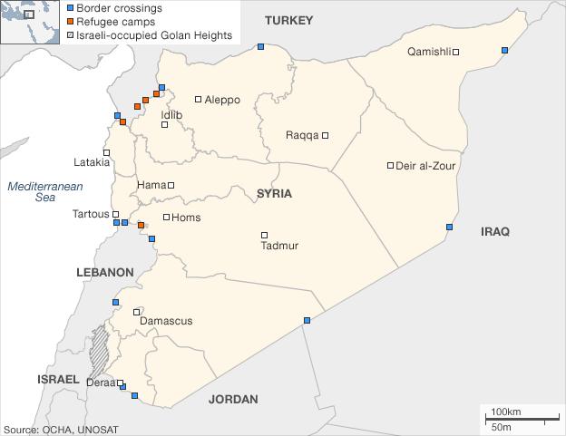 Map of Syria showing border crossings and refugee camps in Lebanon and Turkey