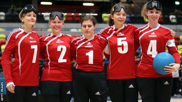 Jessica Luke, Anna Sharkey, Louise Simpson, Amy Otterwat and Georgina Bullen of Great Britain at the London International Goalball Tournament.