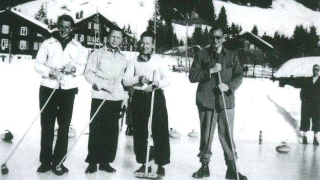 The escapees in Switzerland. Left to right: "Billie" Stephens, Pat Reid, Hank Wardle and Ronnie Littledale