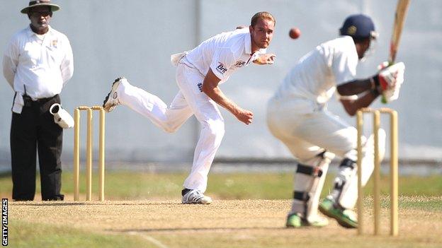 Stuart Broad bowls against a Sri Lankan Development XI