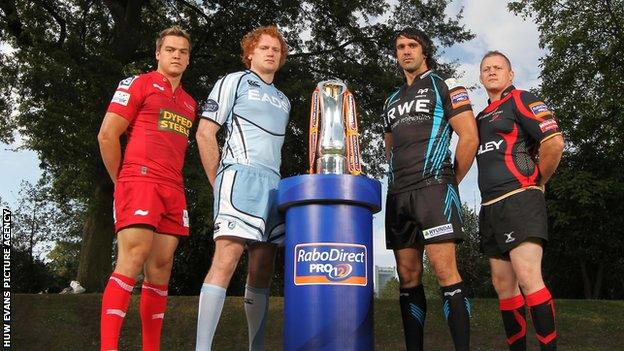 The four regions - the Scarlets, Blues, Ospreys and the Dragons - at the RaboDirect Pro12 launch in 2011