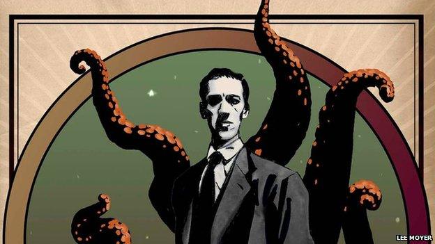 Illustration of HP Lovecraft and his monster - by Lee Moyer