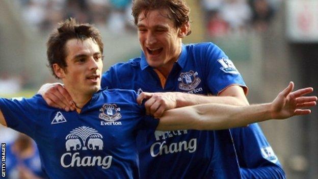 Everton's Leighton Baines celebrates his opener with fellow goalscorer Nikica Jelavic