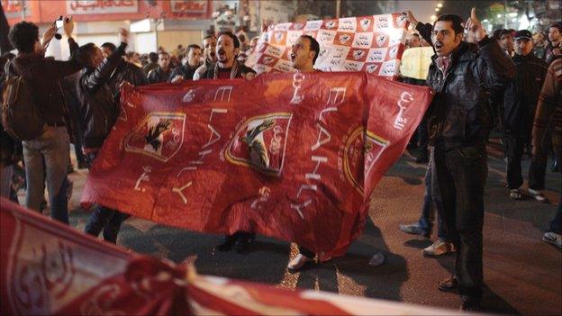 Al Ahly fans protest against the circumstances that lay behind the Port Said disaster