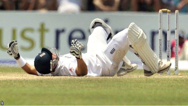 Jonathan Trott was dismissed in bizarre fashion as England collapsed on day two in Galle