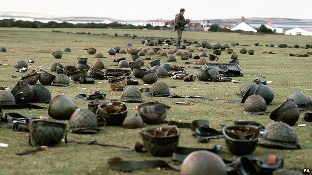 Abandoned Argentine helmets after Falklands War