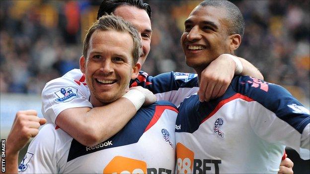 Bolton Wanderers striker Kevin Davies celebrates his goal in the 3-2 win at Wolves