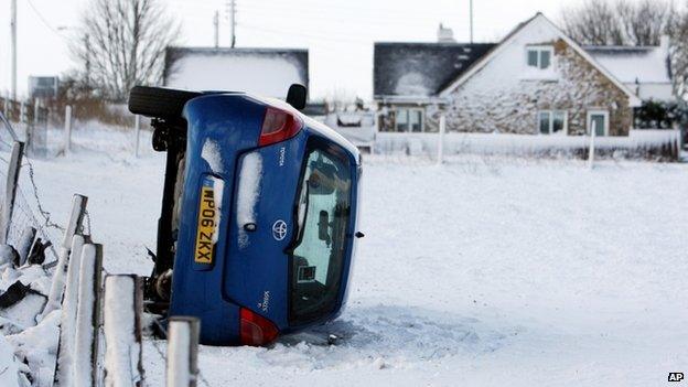 Overturned car in County Durham