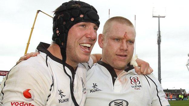 Stephen Ferris and Tom Court celebrate the victory over Munster