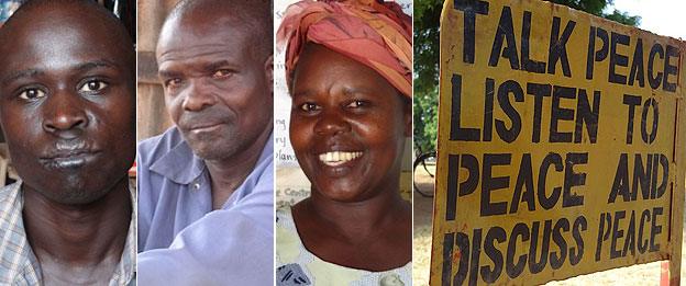 LRA victim Geoffrey Obita (L), former LRA commander Genesis Atube (2nd L), head teacher Helen Amony Omono (C), and a sign a school in northern Uganda which reads: "Talk peace, listen to peace and discuss peace"