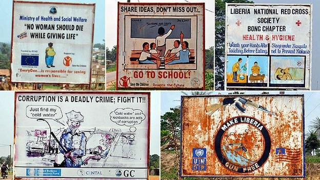 Five billboards in Bong County, Liberia, 9 April 2012