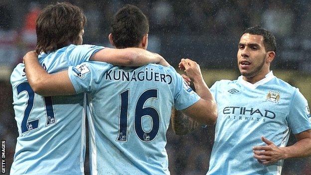 City goalscorers David Silva (left), Sergio Aguero (centre) and Carlos Tevez (right)