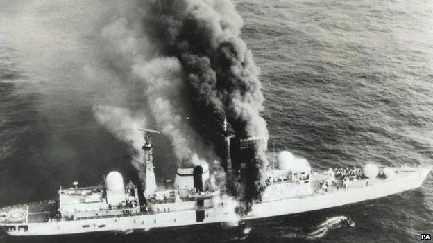 HMS Sheffield on fire