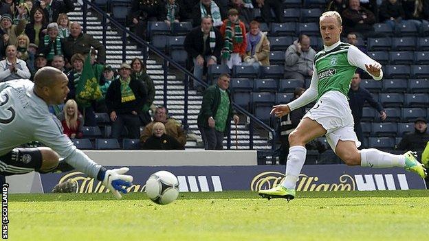 Leigh Griffiths scores for Hibernian against Aberdeen