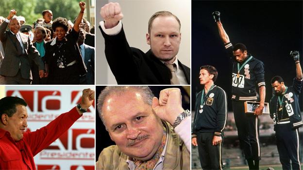 Clenched fist salutes by, clockwise from top left: Nelson and Winnie Mandela on his release from prison; Anders Behring Breivik in court; black athletes Tommie Smith and John Carlos at 1968 Olympics; Carlos the Jackal in court; Hugo Chavez