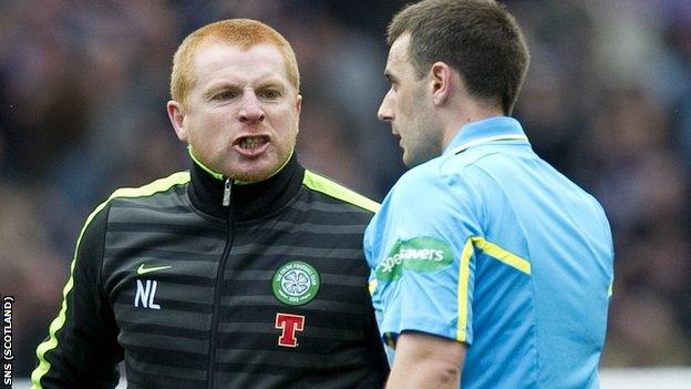 Celtic manager Neil Lennon (left) makes his feelings known to referee Euan Norris after the semi-final loss to Hearts