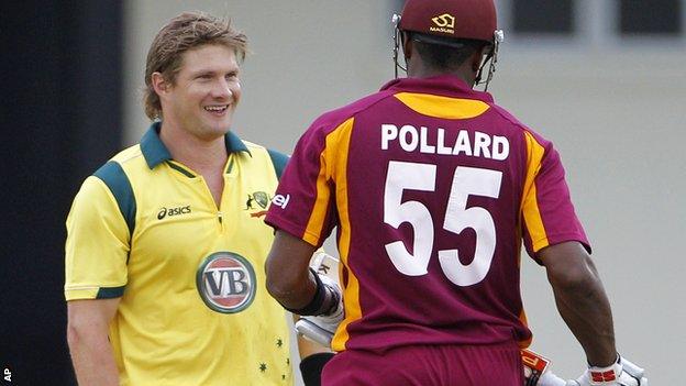 Australia's Shane Watson and West Indies' Kieron Pollard