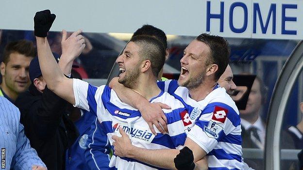 Adel Taarabt celebrates his goal against Tottenham with Clint Hill