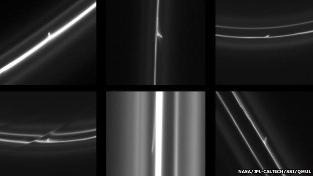 Six images showing trails made by snowballs that hit Saturn's outermost ring