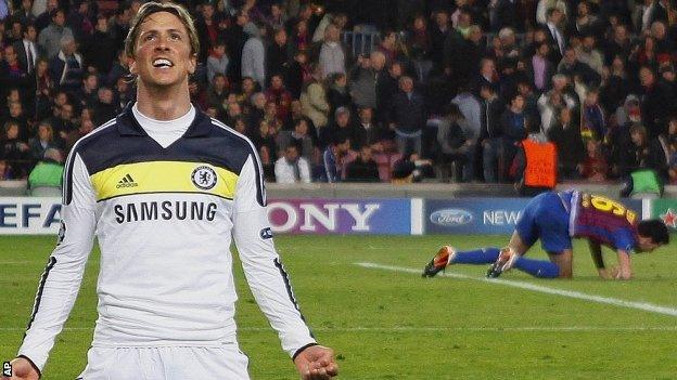 Fernando Torres celebrates scoring against Barcelona in the Champions League