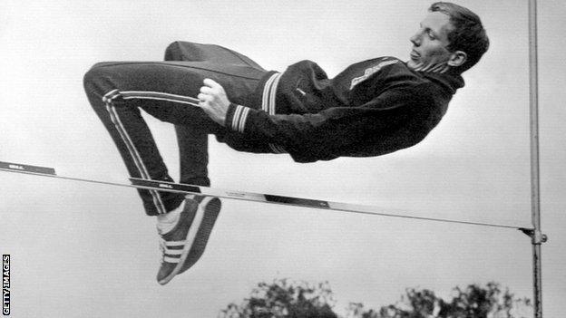 Dick Fosbury demonstrates the Fosbury Flop