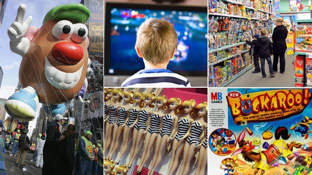 (From top, clockwise) Child watching TV, Potato Head balloon, children in toy shop, Buckaroo board game, Barbie dolls.