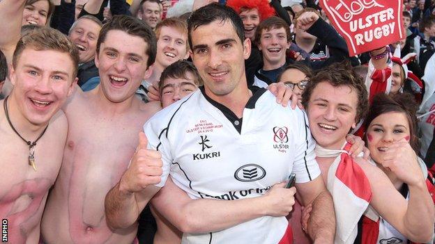 Ruan Pienaar celebrates with Ulster fans after Saturday's semi-final