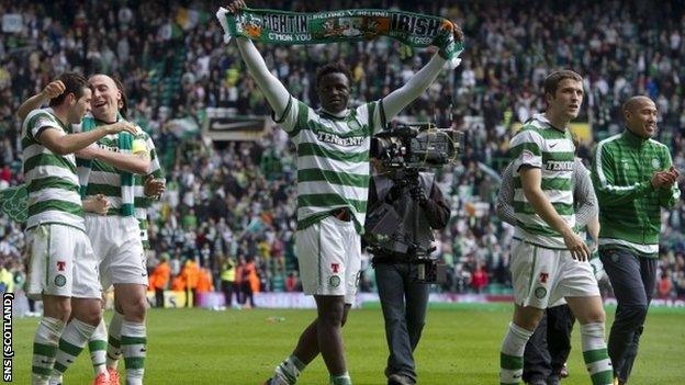 Celtic's players celebrate at the end of their 3-0 win over Rangers