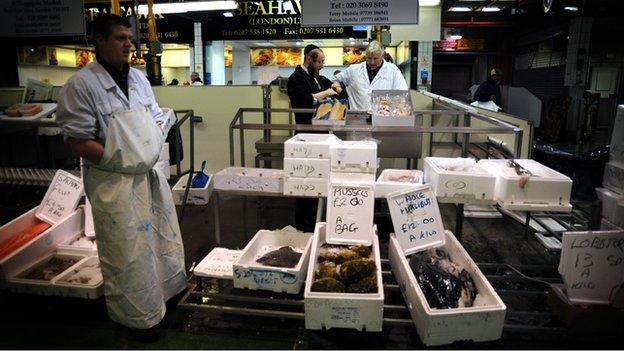 A fish stall at Billingsgate Market