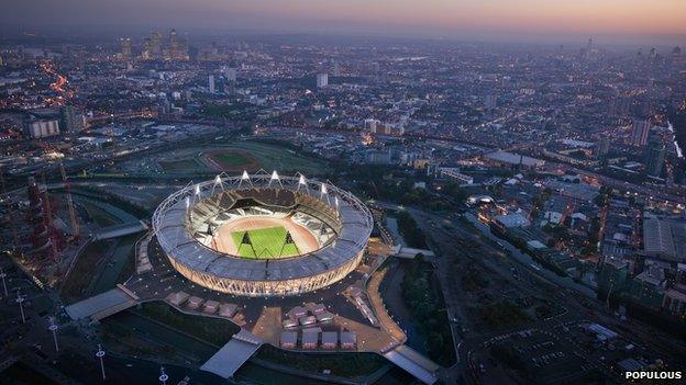 The London 2012 Olympic Stadium in Stratford with CGI of the fabric wrap that will go round it