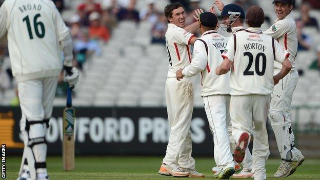 Lancashire celebrate the wicket of Stuart Broad