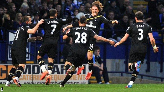 Tottenham celebrate Luka Modric's opener against Bolton