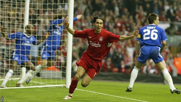 Luis Garcia scores against Chelsea