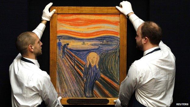 Two art handlers hold Munch's Scream artwork