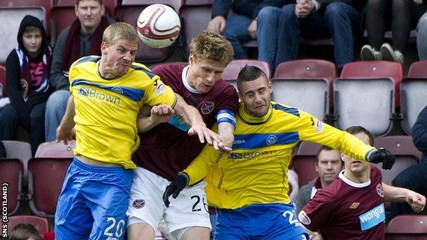 St Johnstone and Hearts players battle for possession