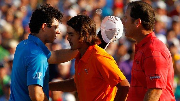 Rory McIlroy and DA Points congratulate Rickie Fowler on his first PGA Tour win