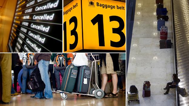 From top left: Cancellation board, luggage reclaim, sign, luggage reclaim, passengers in queue