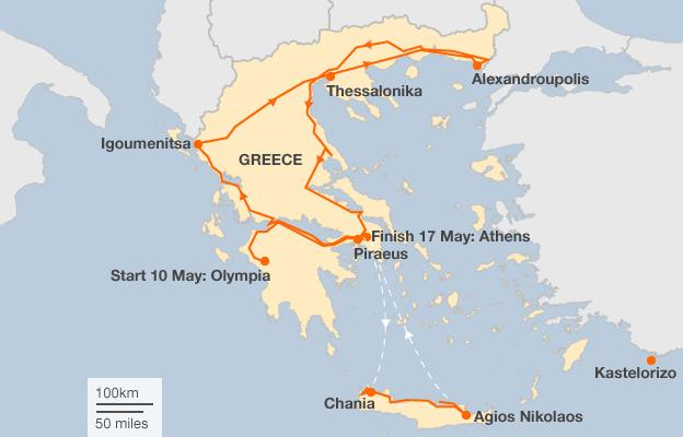 Map of torch relay route in Greece