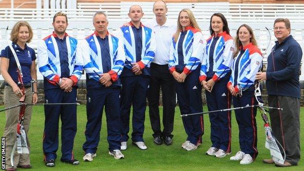 Sara Symington, (Archery GB performance director), Larry Godfrey, Simon Terry, Alan Wills, Clive Woodward (GB chef de mission), Alison Williamson, Amy Oliver, Naomi Folkard and Lloyd Brown (GB Archery head coach)