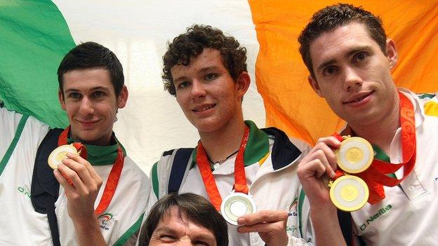 Michael McKillop (left) and Jason Smyth (right) with fellow Irish medallist Darragh McDonald after the Beijing Paralympics