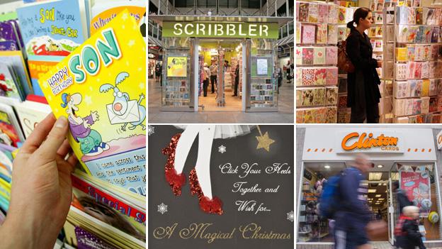 From left, clockwise: Card stack, Scribbler shop facade, customer shopping for cards, Clinton cards facade, Christmas card