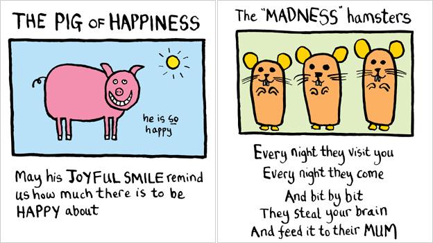 Popular Edward Monkton cards picturing a pig and the words: "May his joyful smile remind us how much there is to be happy about" and Popular Edward Monkton card picturing three hamsters and reading: "Every night they visit you, every night they come. And bit by bit they steal your brain and feed it to their mum."