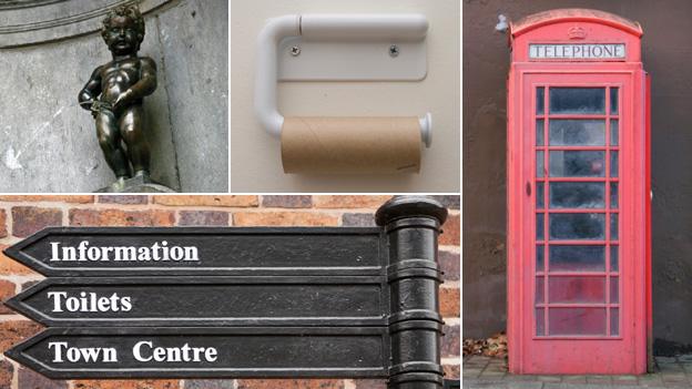 From top left, clockwise Manneren pis statue in Belgium, empty loo roll, telephone box, public sign