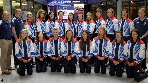 Team GB women's hockey squad at the London Stock Exchange