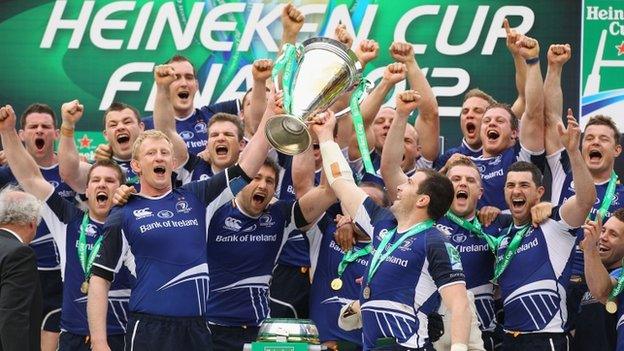 Leinster players celebrate after winning the Heineken Cup