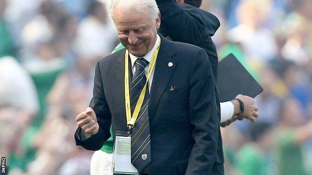 Giovanni Trapattoni celebrates after Shane Long's winner in Dublin